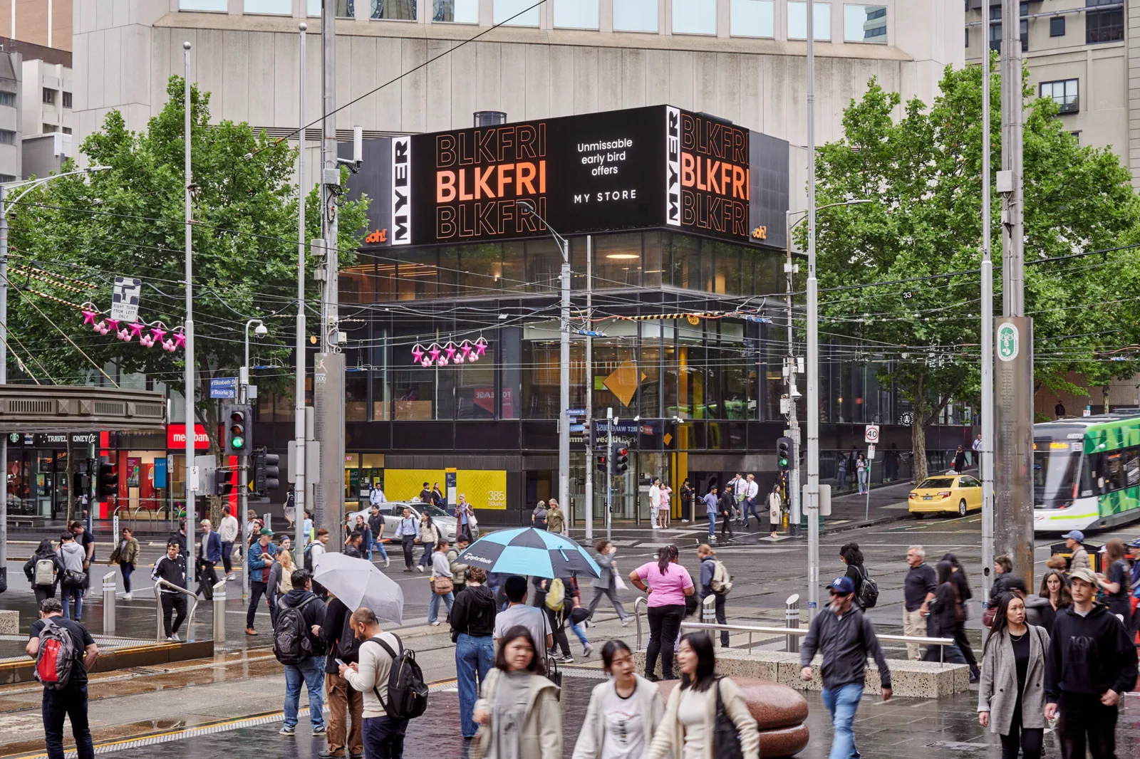Painel da Myer com o anúncio BLKFRI de ofertas antecipadas da Black Friday sobre uma rua movimentada da Austrália