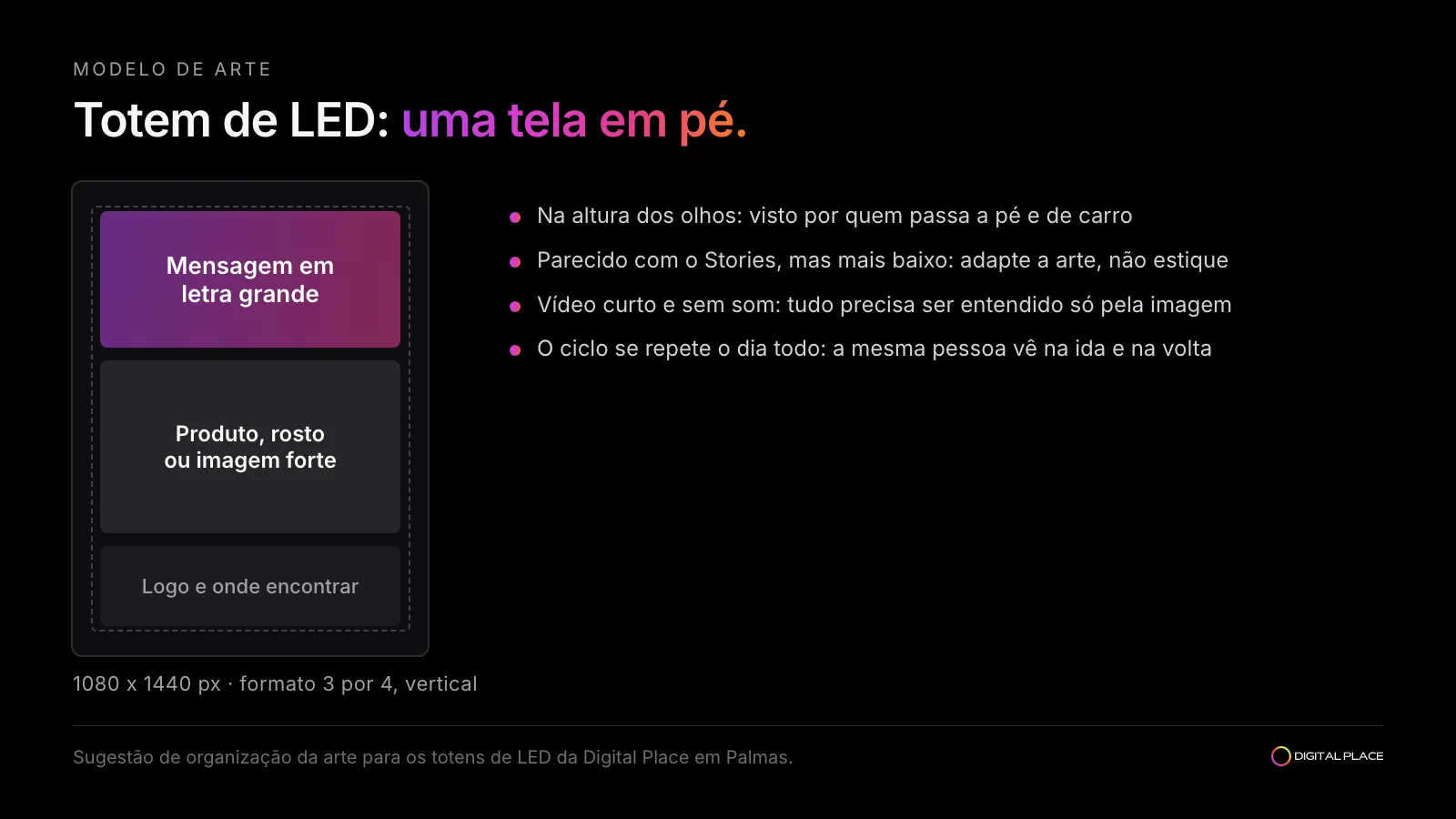 Modelo de arte para totem de LED no formato 3 por 4, com a mensagem no topo, a imagem no meio e o logo embaixo