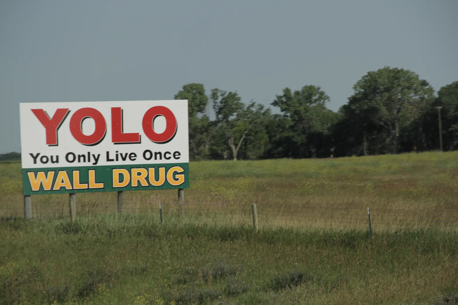 Outdoor da Wall Drug num pasto com a frase YOLO, You Only Live Once