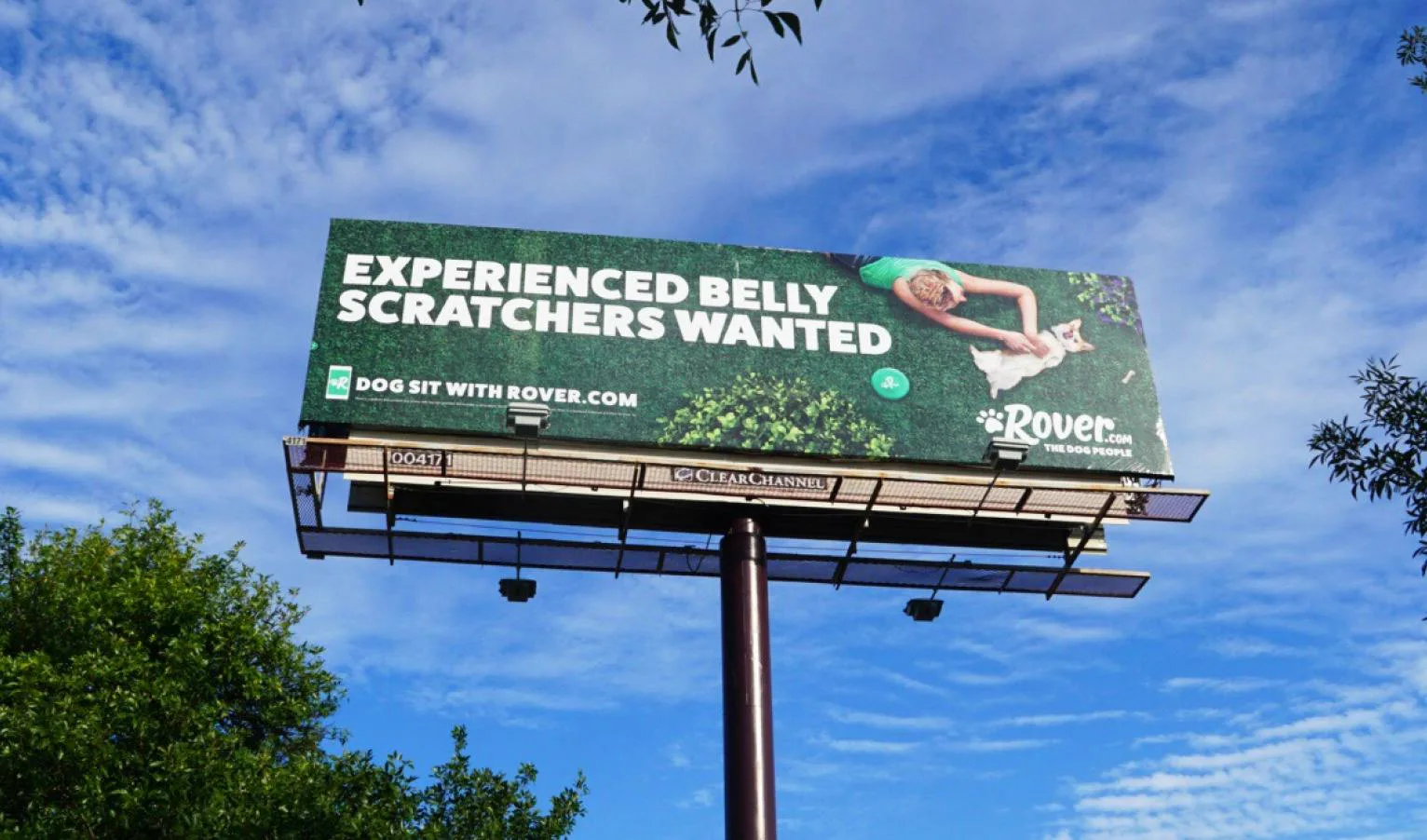 Outdoor do Rover com uma pessoa deitada na grama com um cachorro e a frase em inglês procura-se quem saiba coçar barriga de cachorro